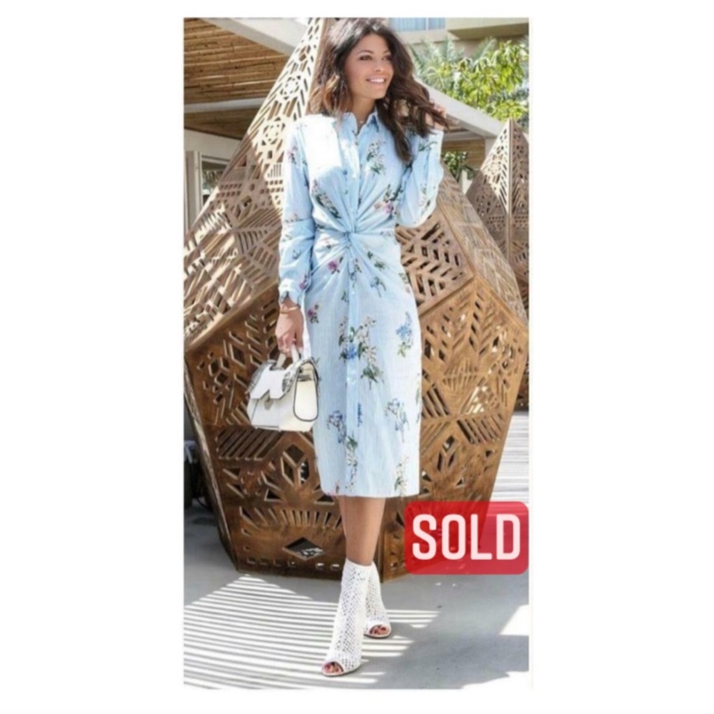 ZARA Blue Floral Midi Shirt Dress with twist knot